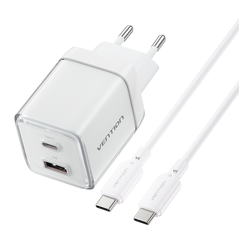 2 portos USB (C + A) GaN gyorstöltő (70W/22,5W), fehér színben + 1m USB-C kábel (100W) szett