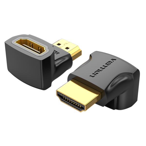 HDMI 2.0/apa (90°) -> HDMI 2.0/anya, fekete, PVC, kétirányú, HDMI adapter