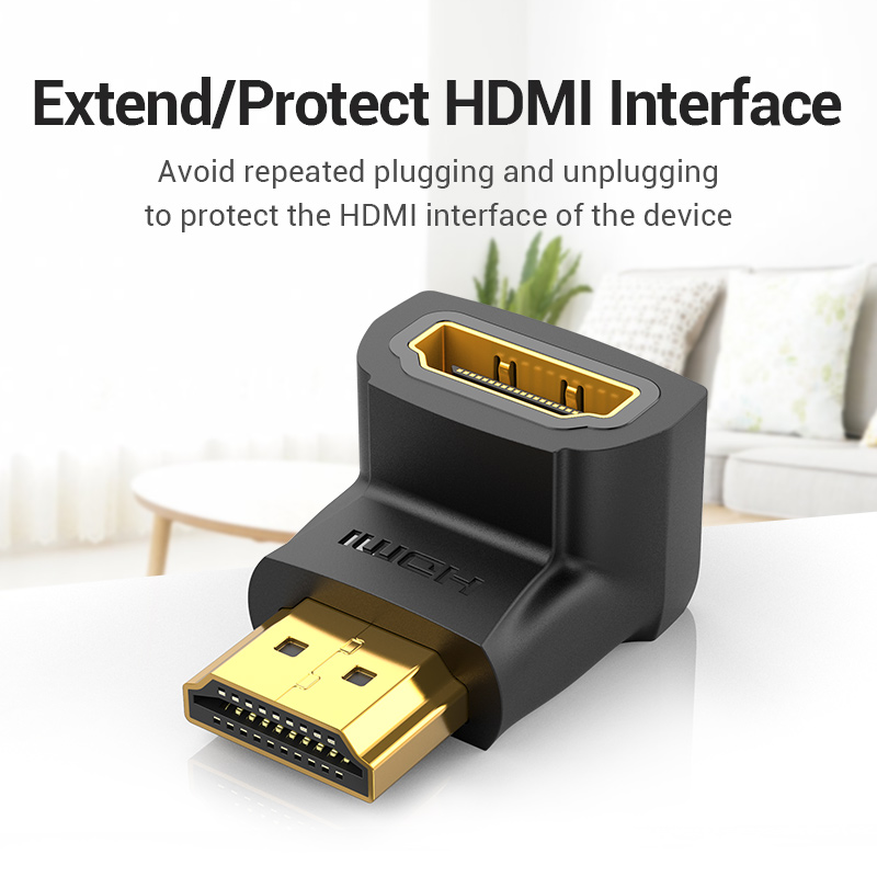 HDMI 2.0/apa (90°) -> HDMI 2.0/anya, fekete, PVC, kétirányú, HDMI adapter