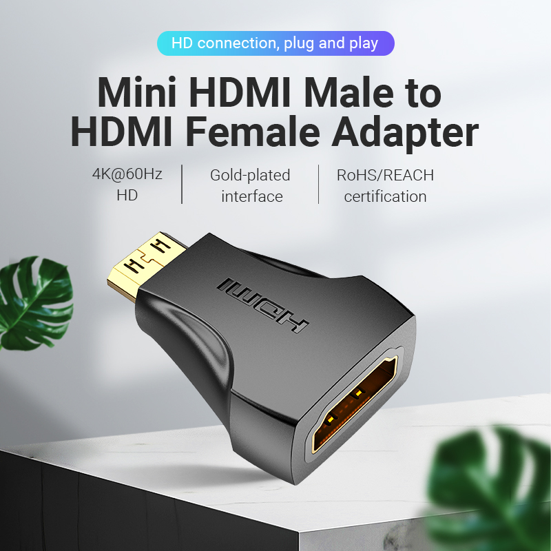 Mini HDMI 2.0/apa -> HDMI 2.0/anya, fekete, PVC, kétirányú, HDMI adapter