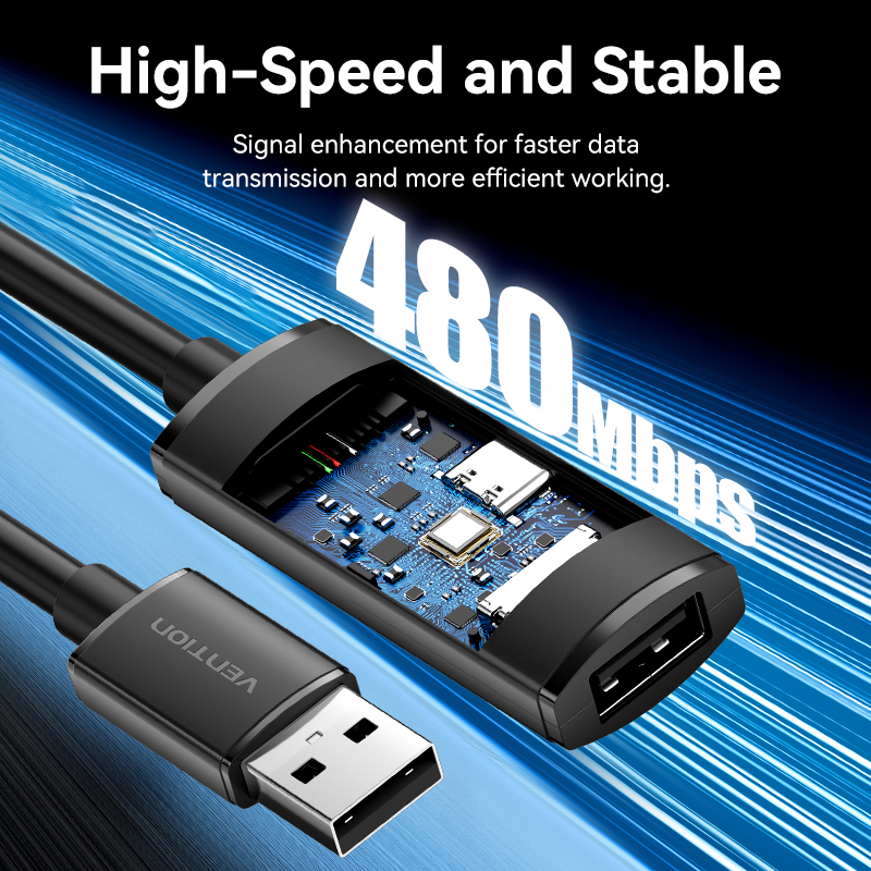USB-A 2.0/apa -> USB-A 2.0/anya, fekete, PVC, aktív, 30m, hosszabbító kábel