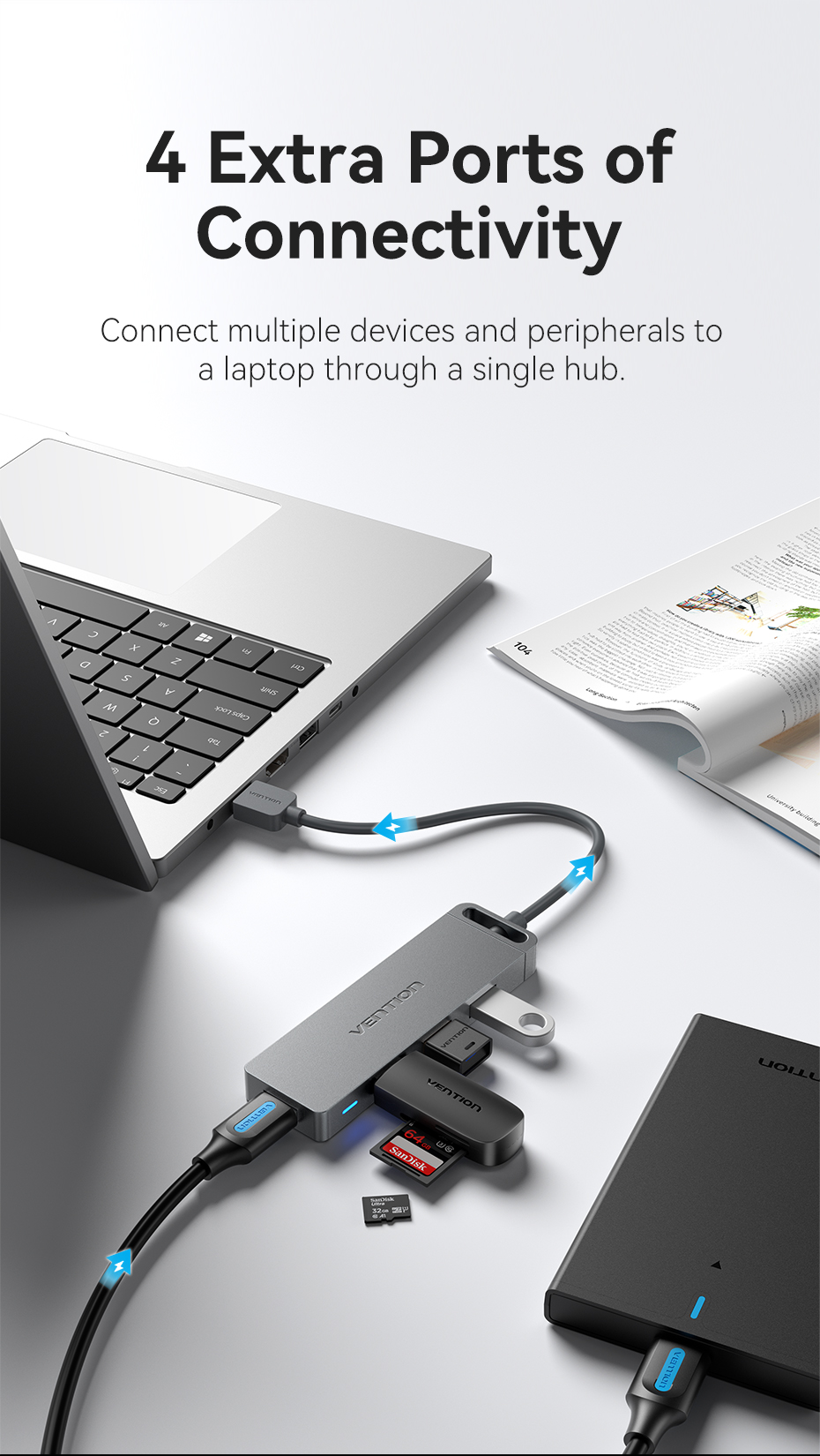4 portos USB 3.0, aktív (külső tápellátású), szürke, ABS, 0,15m, USB hub