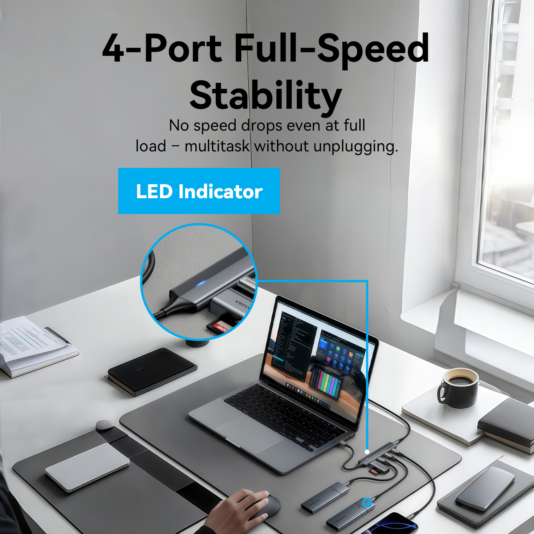 5in1 USB-C/apa -> 4×USB-C 3.2 Gen2 + USB-C (PD), szürke, alumínium házas, 0,15m, USB hub