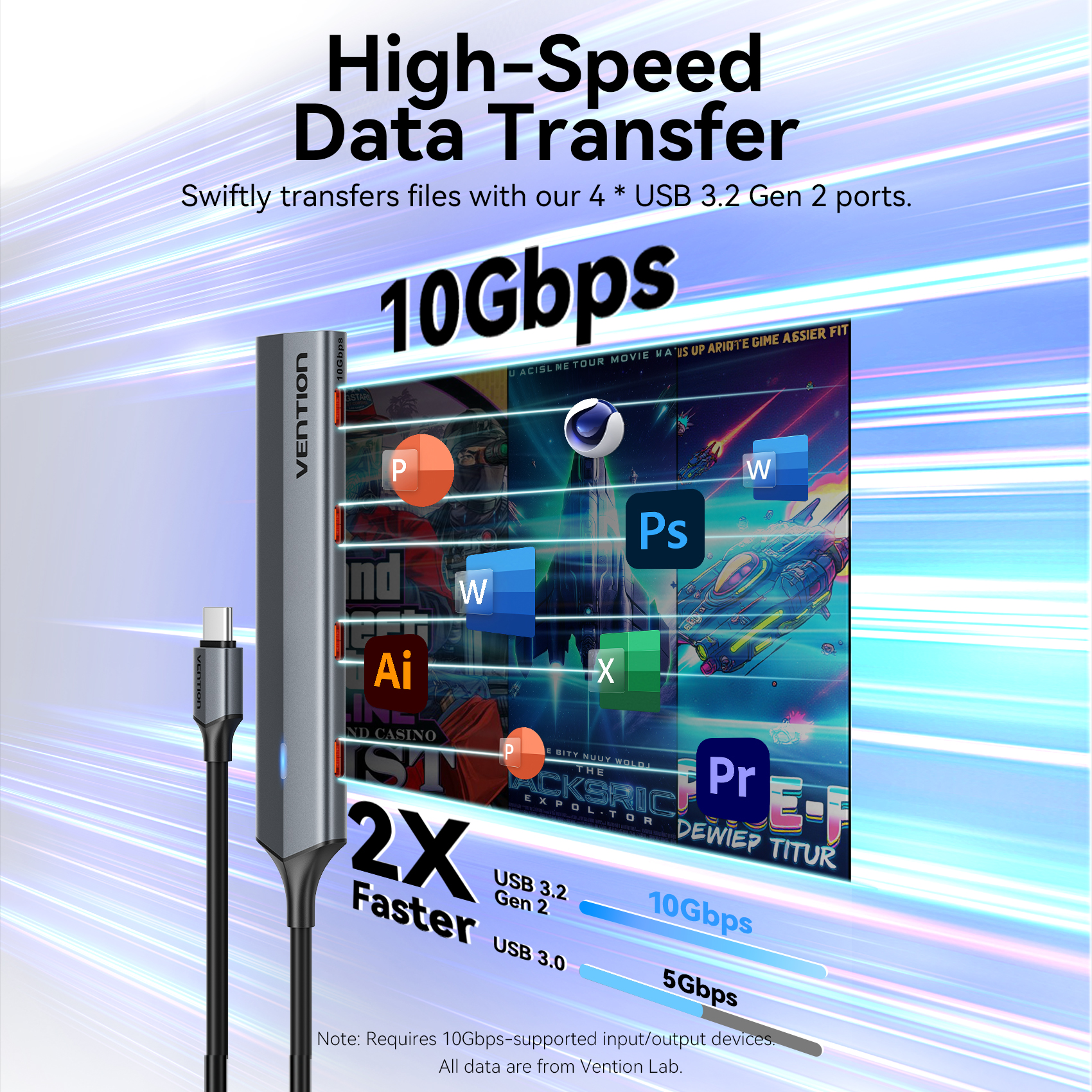 5in1 USB-C/apa -> 4×USB-C 3.2 Gen2 + USB-C (PD), szürke, alumínium házas, 0,15m, USB hub
