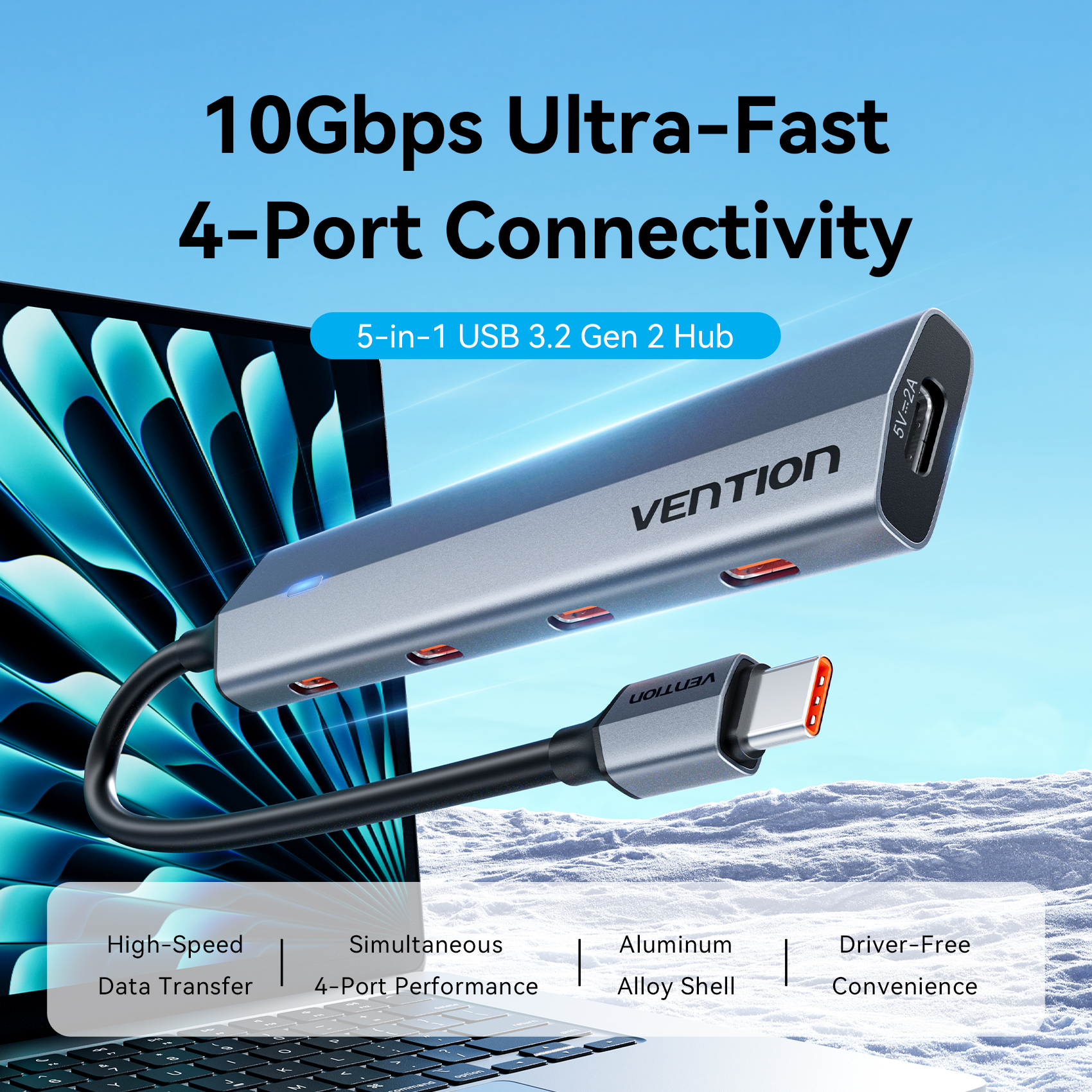 5in1 USB-C/apa -> 4×USB-C 3.2 Gen2 + USB-C (PD), szürke, alumínium házas, 0,15m, USB hub