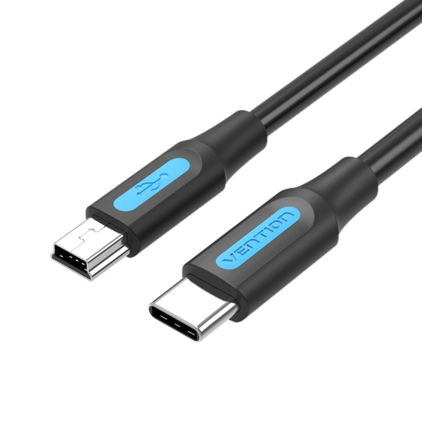 USB-C 2.0/apa -> Mini-B/apa, fekete, TPE, 2A, 10W, 1m, adat- és töltőkábel