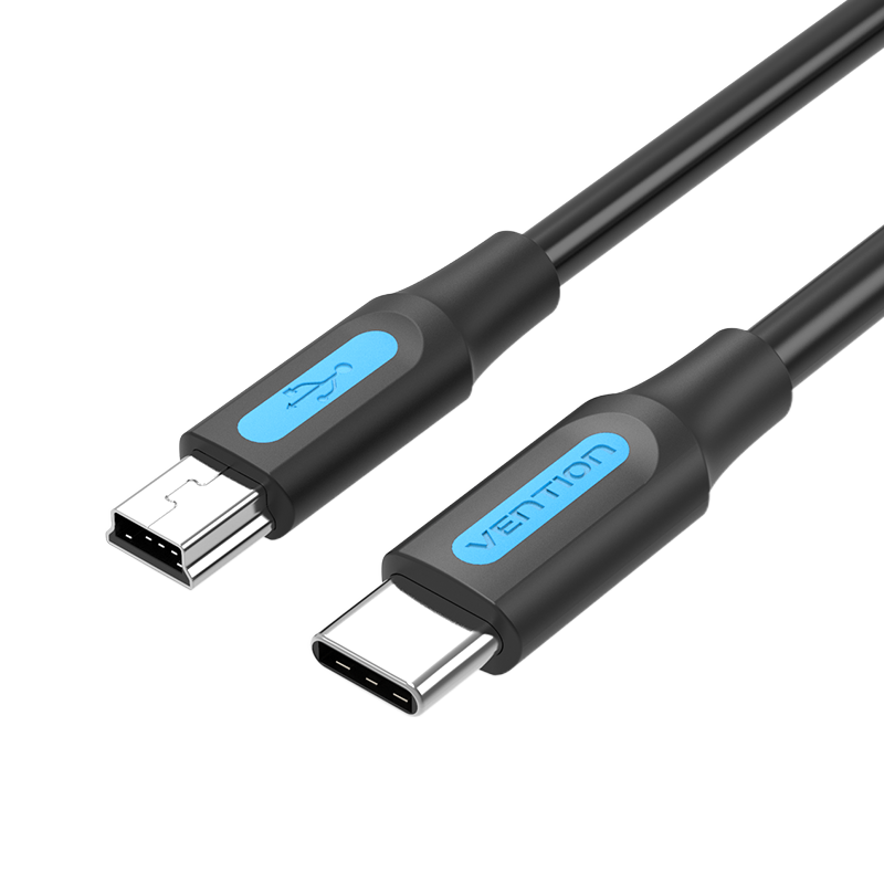 USB-C 2.0/apa -> Mini-B/apa, fekete, TPE, 2A, 10W, 1m, adat- és töltőkábel