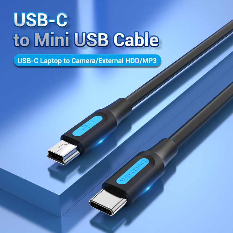 USB-C 2.0/apa -> Mini-B/apa, fekete, TPE, 2A, 10W, 1m, adat- és töltőkábel