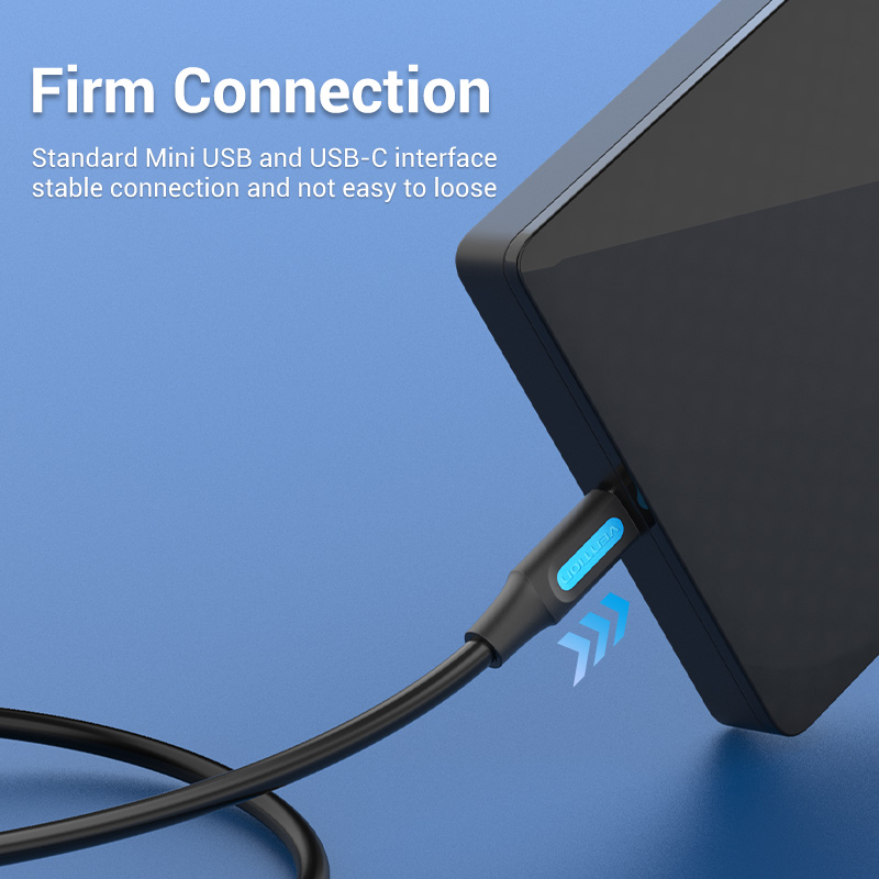USB-C 2.0/apa -> Mini-B/apa, fekete, TPE, 2A, 10W, 1m, adat- és töltőkábel