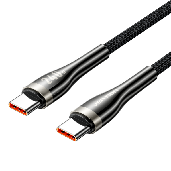 USB-C 2.0/apa -> USB-C 2.0/apa, fekete, nylon fonott, 5A, 240W, 1,2m, cink házas adat- és töltőkábel
