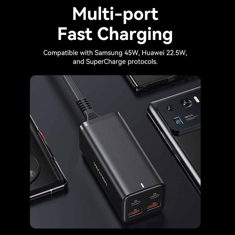 4 portos USB (C + C + A + A) GaN asztali gyorstöltő (100W/100W/22,5W/22,5W), fekete színben