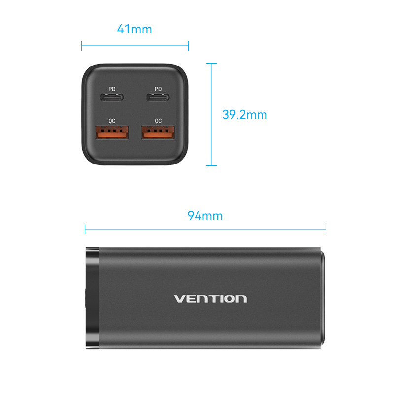 4 portos USB (C + C + A + A) GaN asztali gyorstöltő (100W/100W/22,5W/22,5W), fekete színben