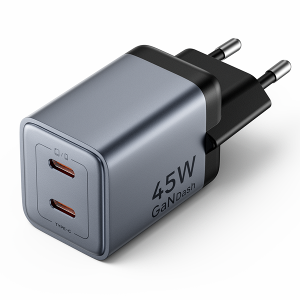 2 portos USB (C + C) GaN gyorstöltő (45W/45W), szürke színben