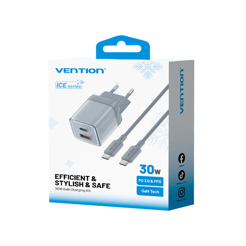 2 portos USB (C + A) GaN gyorstöltő (30W/30W), átlátszó szürke színben