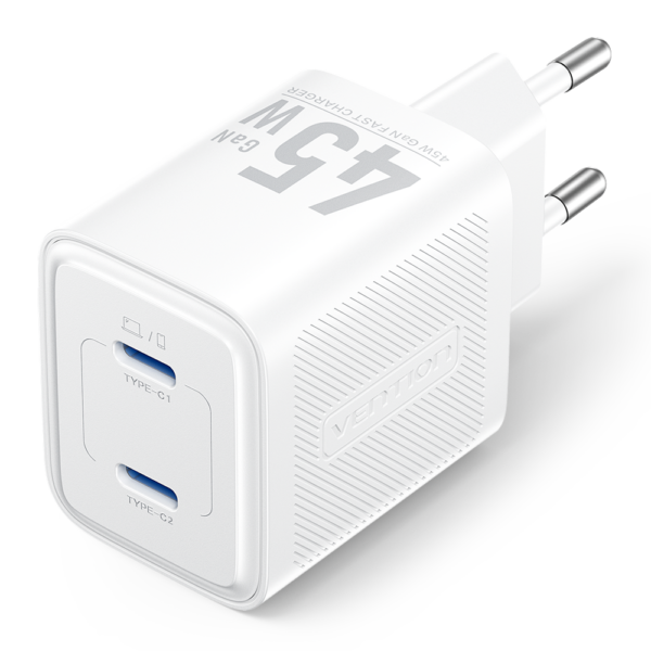 2 portos USB (C + C) GaN gyorstöltő (45W/45W), fehér színben