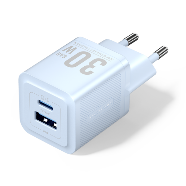2 portos USB (C + A) GaN gyorstöltő (30W/30W), kék színben