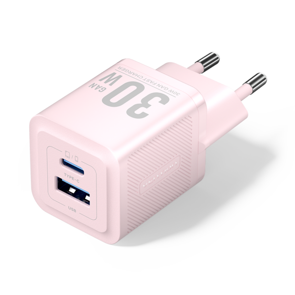 2 portos USB (C + A) GaN gyorstöltő (30W/30W), rózsaszín színben
