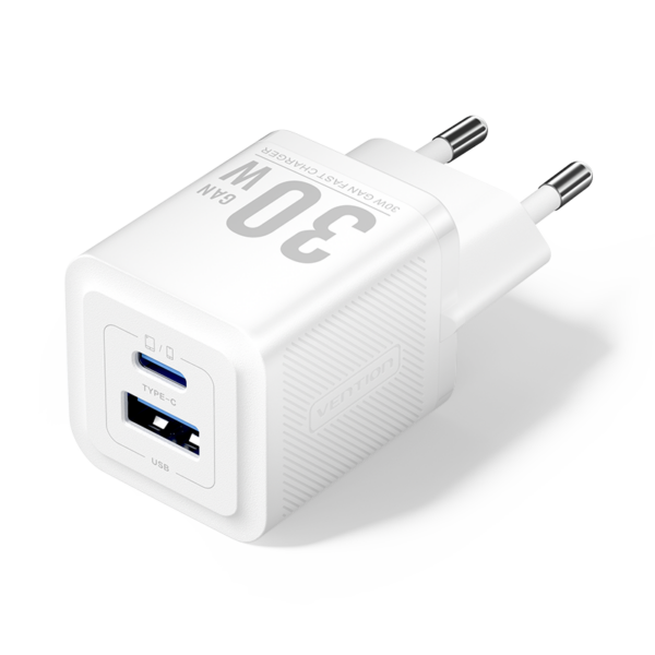 2 portos USB (C + A) GaN gyorstöltő (30W/30W), fehér színben