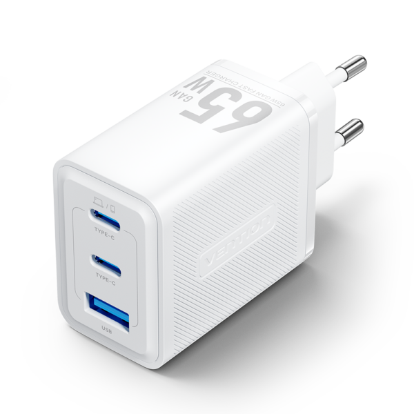 3 portos USB (C + C + A) GaN gyorstöltő (65W/65W/60W), fehér színben