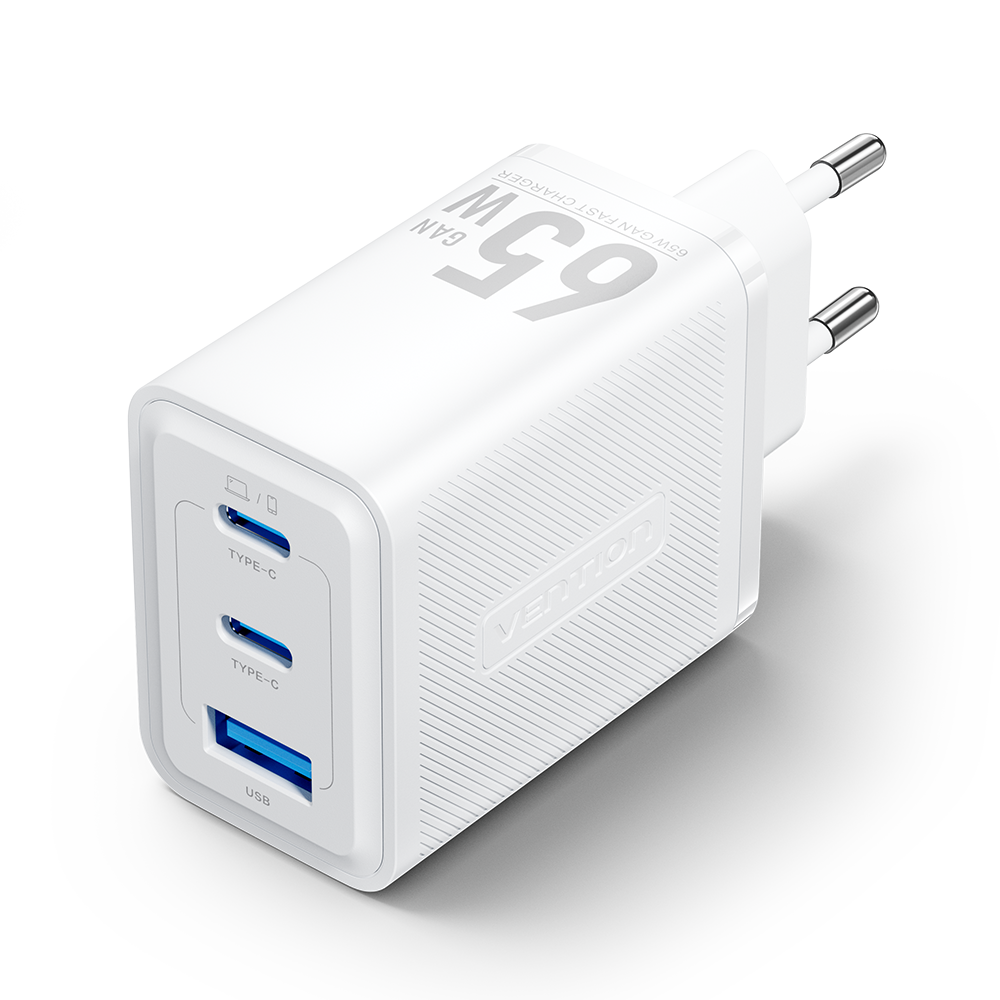 3 portos USB (C + C + A) GaN gyorstöltő (65W/65W/60W), fehér színben