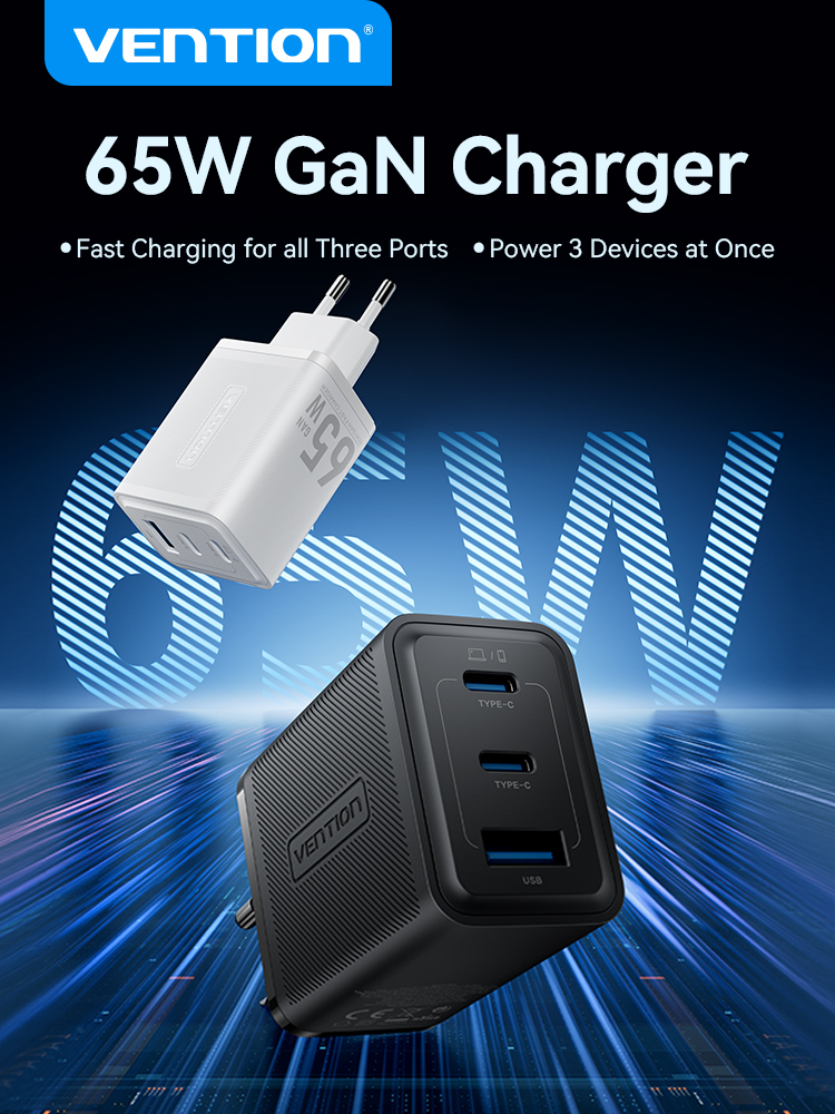 3 portos USB (C + C + A) GaN gyorstöltő (65W/65W/60W), fehér színben