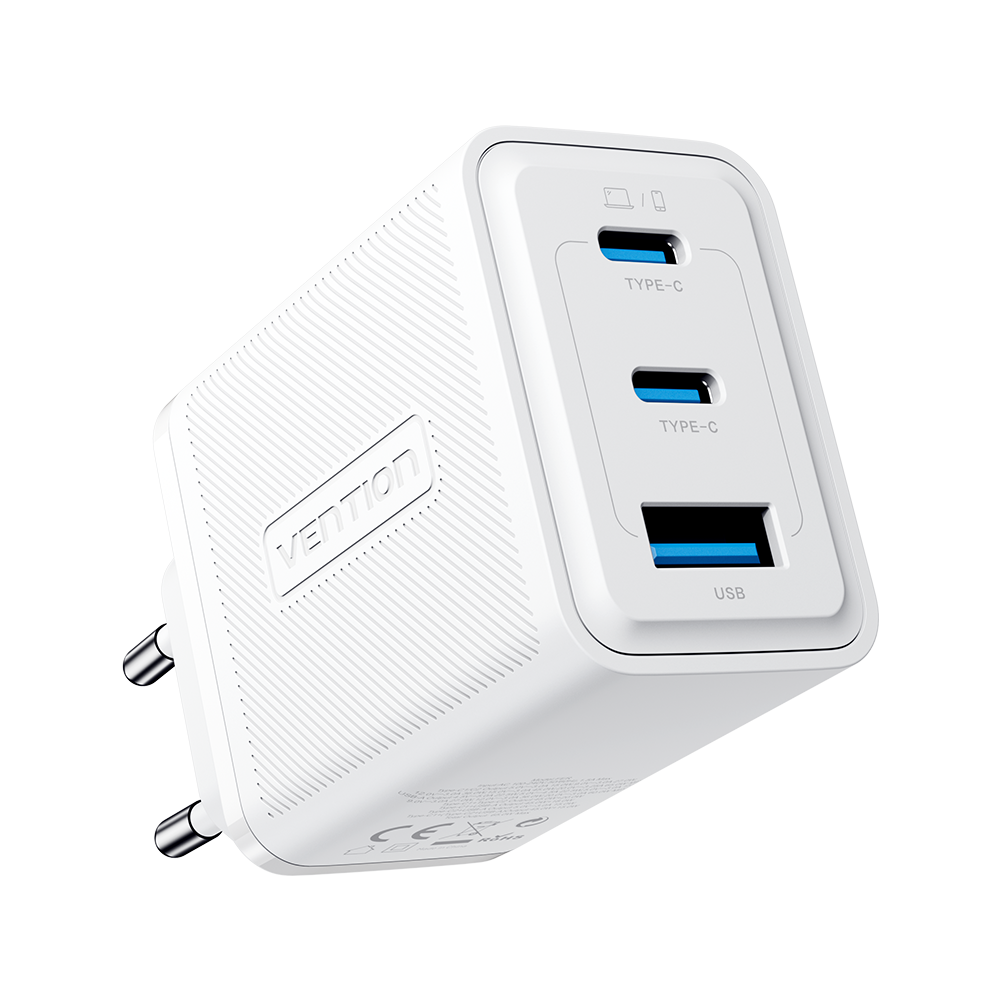 3 portos USB (C + C + A) GaN gyorstöltő (65W/65W/60W), fehér színben