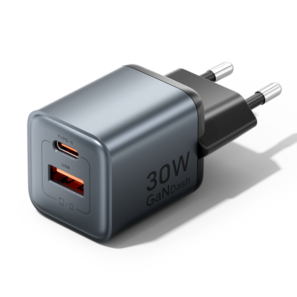2 portos USB (C + A) GaN gyorstöltő (30W/18W), szürke színben