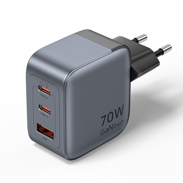 3 portos USB (C + C + A) GaN gyorstöltő (70W/70W/22,5W), szürke színben