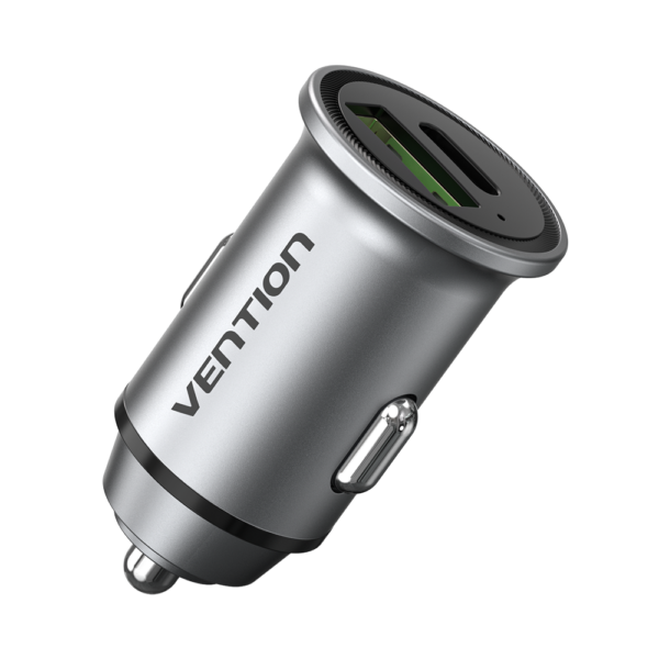 2 portos USB (C + A) autós gyorstöltő (20W/18W), QC3.0/PD3.0, alumínium ötvözet, szürke színben