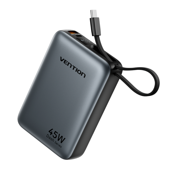 20000mAh Mini (USB-C + USB-C/USB-A) 45W, beépített USB-C kábellel, szürke, powerbank