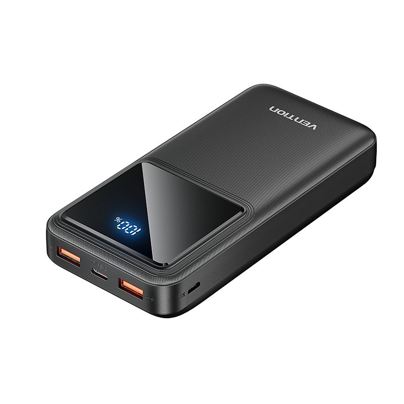 20000mAh (Micro-USB + USB-C + USB-A + USB-A) 22,5W, fekete, LED kijelzős powerbank