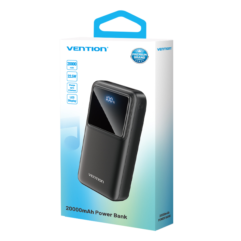20000mAh (Micro-USB + USB-C + USB-A + USB-A) 22,5W, fekete, LED kijelzős powerbank
