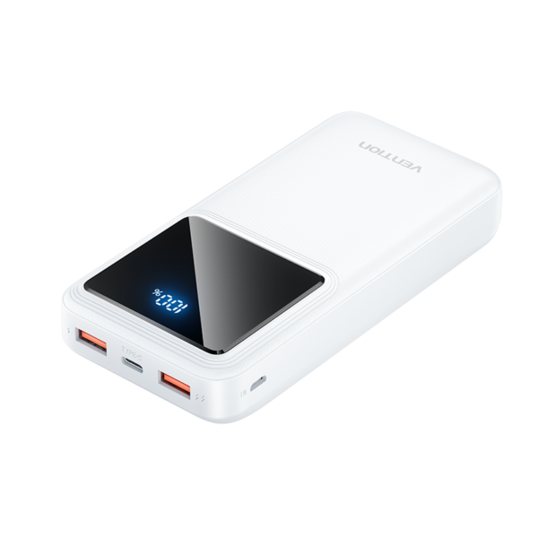 20000mAh (Micro-USB + USB-C + USB-A + USB-A) 22,5W, fehér, LED kijelzős powerbank