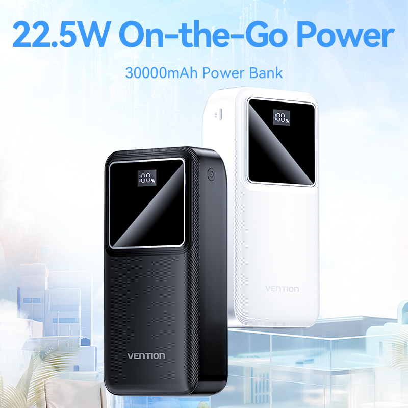 30000mAh (Micro-USB + USB-C + USB-A + USB-A) 22,5W, fekete, LED kijelzős powerbank