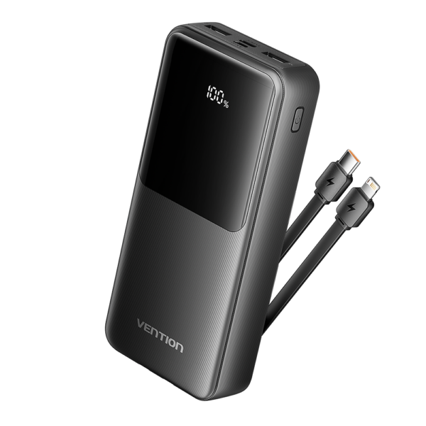 20000mAh (Micro-USB + USB-C + USB-A + USB-A) 22,5W, beépített USB-C és Lightning kábellel, fekete, LED kijelzős powerbank
