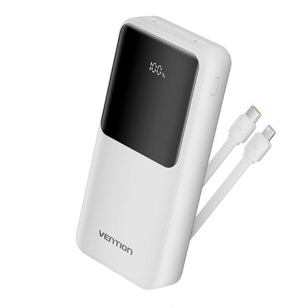 20000mAh (Micro-USB + USB-C + USB-A + USB-A) 22,5W, beépített USB-C és Lightning kábellel, fehér, LED kijelzős powerbank