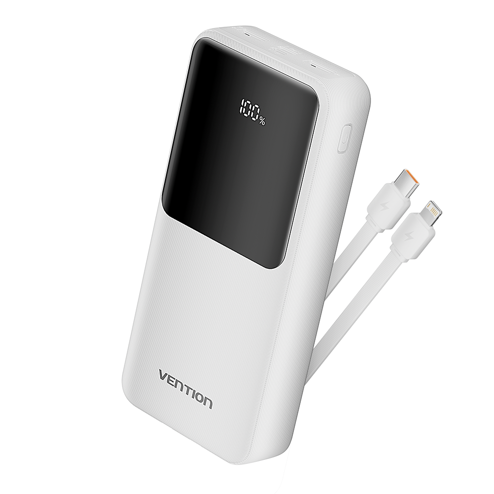 20000mAh (Micro-USB + USB-C + USB-A + USB-A) 22,5W, beépített USB-C és Lightning kábellel, fehér, LED kijelzős powerbank