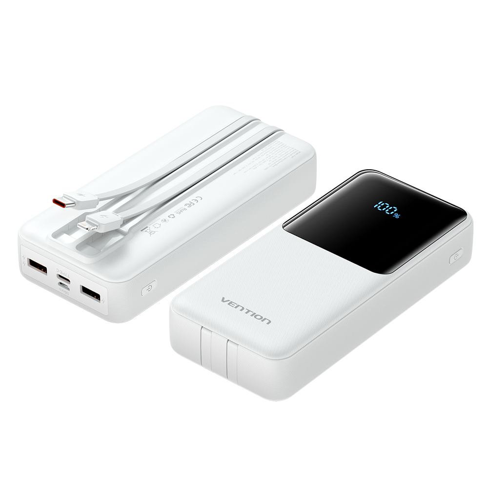 20000mAh (Micro-USB + USB-C + USB-A + USB-A) 22,5W, beépített USB-C és Lightning kábellel, fehér, LED kijelzős powerbank