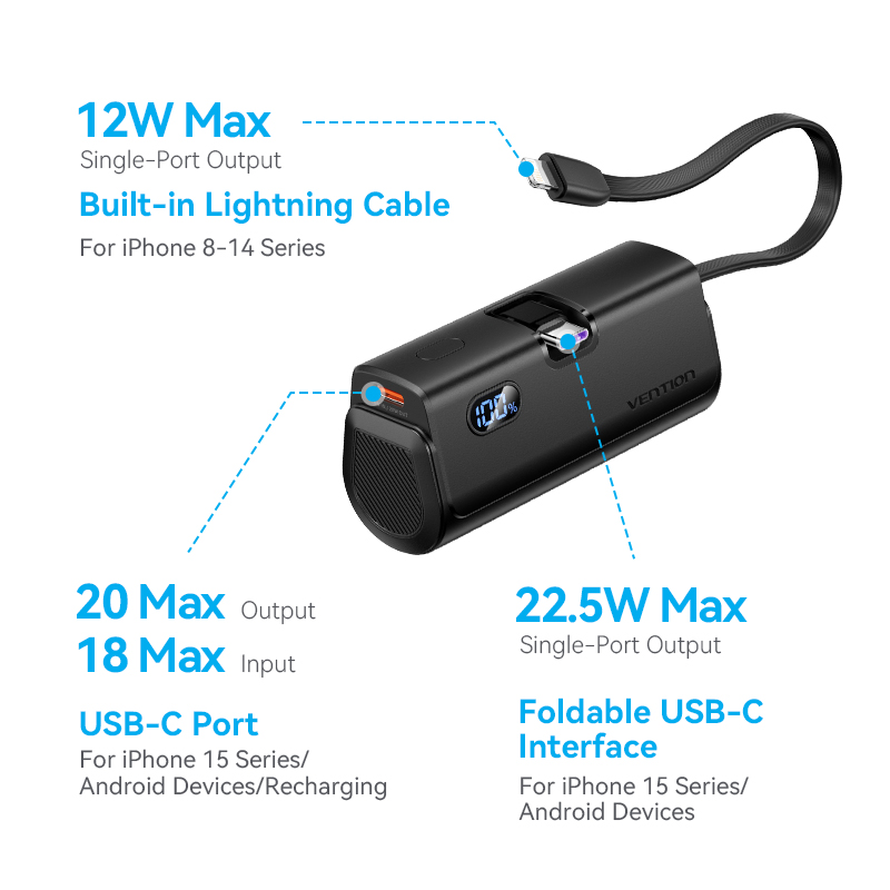 4800mAh (USB-C + Lightning + USB-C) 22,5W, fekete, LED kijelzős powerbank