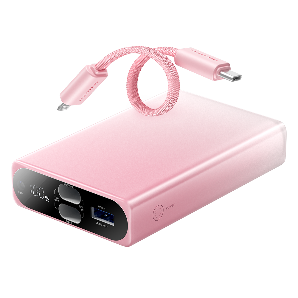 10000mAh (USB-C + Lightning + USB-A) 22,5W, rózsaszín, LED kijelzős powerbank