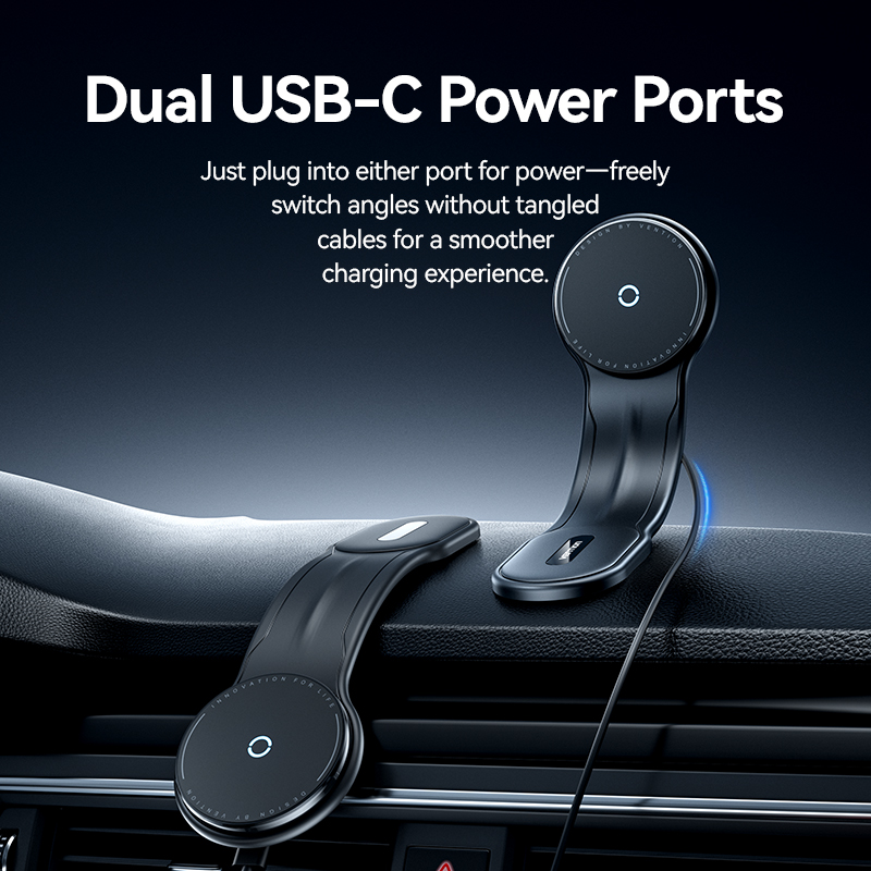 Műszerfalra tehető, mágneses, 15W vezeték nélküli töltős, USB-C × 2, alumínium-titán ötvözet, autós telefontartó töltő