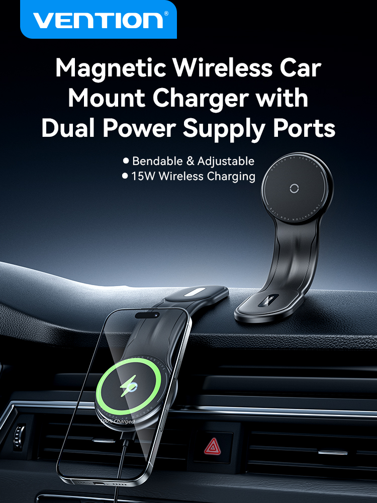 Műszerfalra tehető, mágneses, 15W vezeték nélküli töltős, USB-C × 2, alumínium-titán ötvözet, autós telefontartó töltő