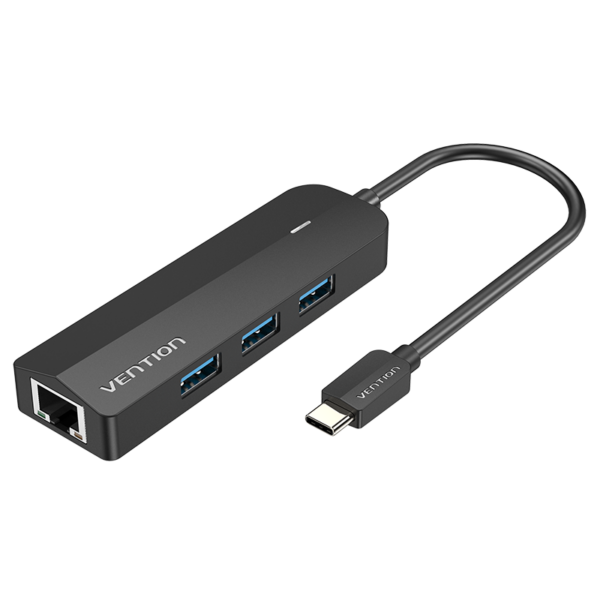 5in1 USB-C/apa -> 3×USB-A 3.0 + RJ45 + Micro-B (táp), fekete, ABS, 0,15m, USB hub