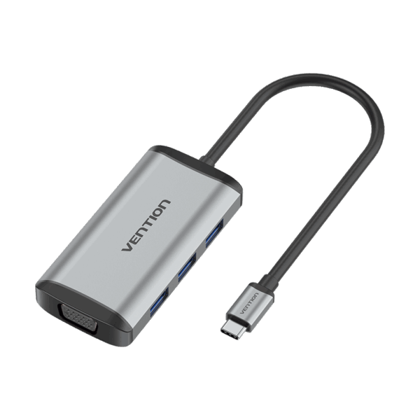 6in1 USB-C/apa -> HDMI + VGA + 3×USB-A 3.0 + USB-C (PD 100W), szürke, alumínium házas, 0,15m, dokkoló