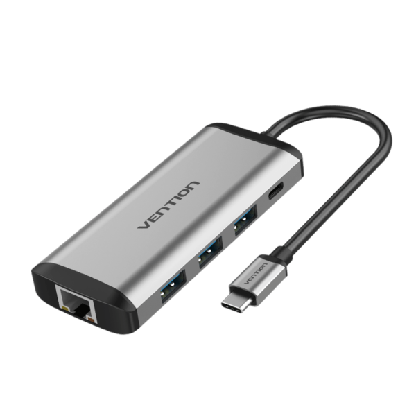 9in1 USB-C/apa -> HDMI + 3×USB-A 3.0 + RJ45 + SD + TF + 3,5mm miniJack + USB-C (PD 100W), szürke, alumínium házas, 0,15m, dokkoló