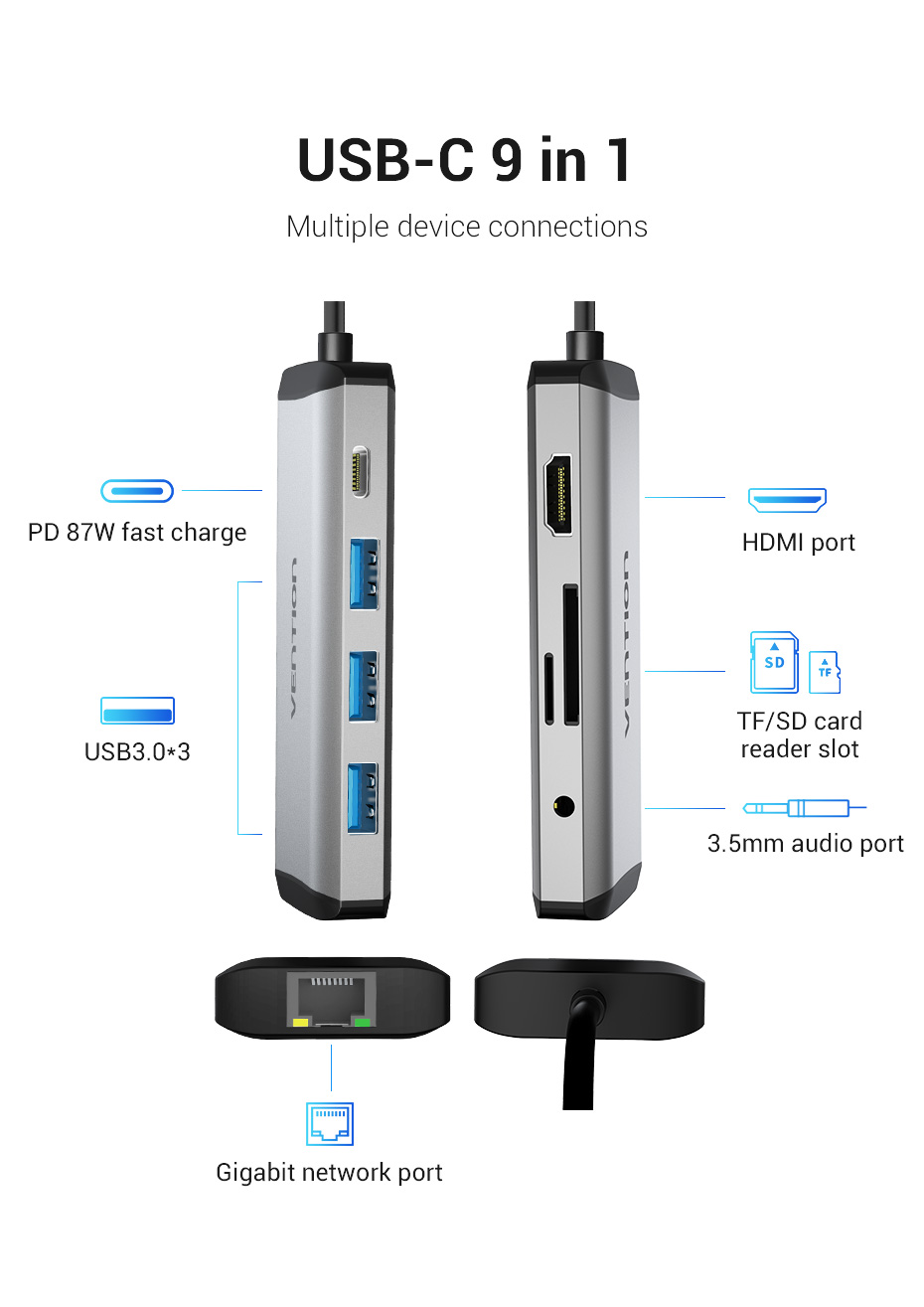 9in1 USB-C/apa -> HDMI + 3×USB-A 3.0 + RJ45 + SD + TF + 3,5mm miniJack + USB-C (PD 100W), szürke, alumínium házas, 0,15m, dokkoló
