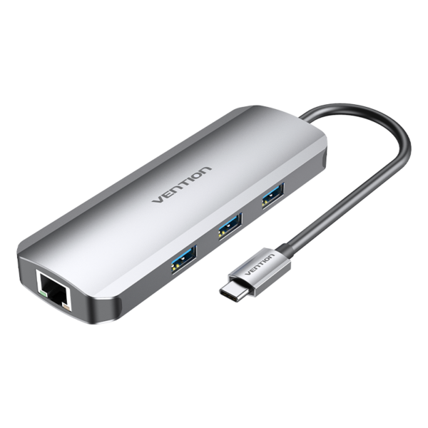 9in1 USB-C/apa -> HDMI + 3×USB-A 3.0 + RJ45 + SD + TF + 3,5mm TRRS miniJack + USB-C (PD 100W), szürke, alumínium házas, 0,15m, dokkoló