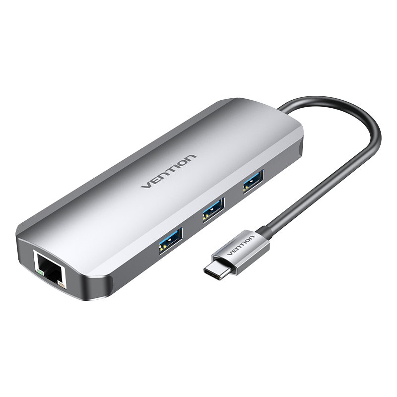 9in1 USB-C/apa -> HDMI + 3×USB-A 3.0 + RJ45 + SD + TF + 3,5mm TRRS miniJack + USB-C (PD 100W), szürke, alumínium házas, 0,15m, dokkoló