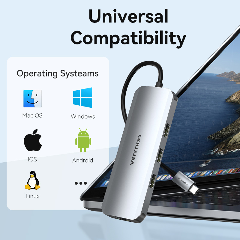 9in1 USB-C/apa -> HDMI + 3×USB-A 3.0 + RJ45 + SD + TF + 3,5mm TRRS miniJack + USB-C (PD 100W), szürke, alumínium házas, 0,15m, dokkoló