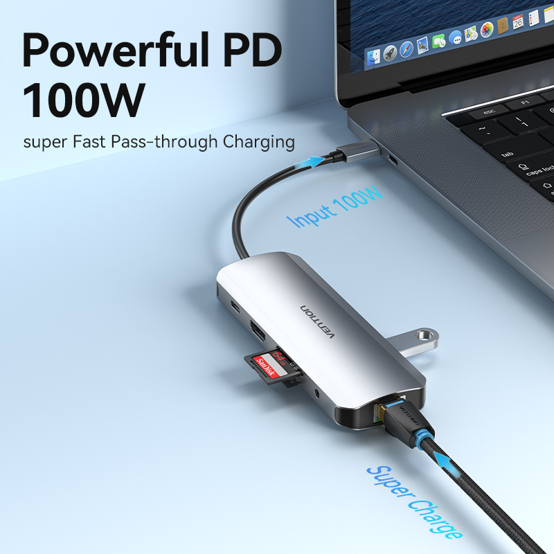 9in1 USB-C/apa -> HDMI + 3×USB-A 3.0 + RJ45 + SD + TF + 3,5mm TRRS miniJack + USB-C (PD 100W), szürke, alumínium házas, 0,15m, dokkoló